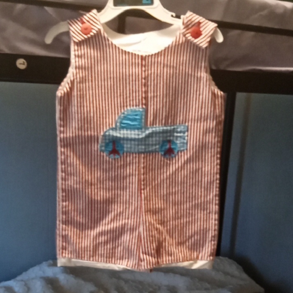 Striped Sleeveless Toddler Romper with Truck Design